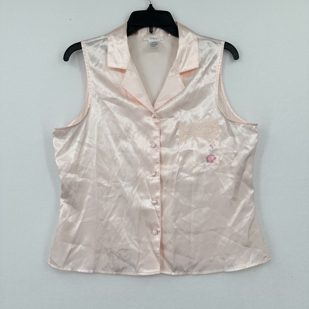 Pink K Pastel Pink Satin Pajama‎ L Button Up Top Floral Coquette Romantic Y2K